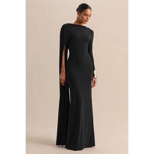 Halina | Robe longue noire à encolure haute avec manche cape
