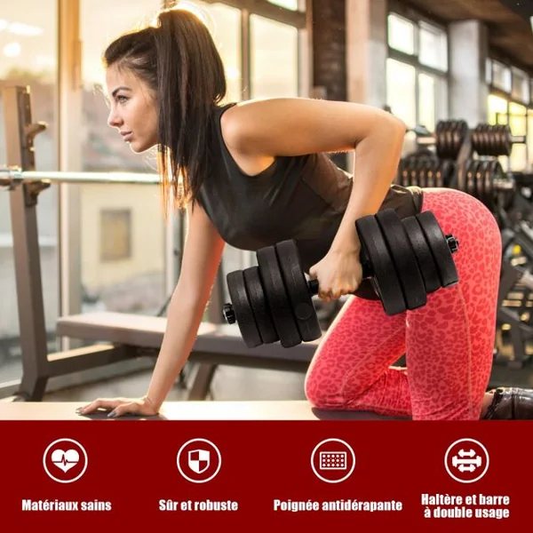 Haltères pour Musculation 2 en 1 Disques Poids Ajustable 30KG Poignée Confortable, pour Fitness Musculation Entraînement