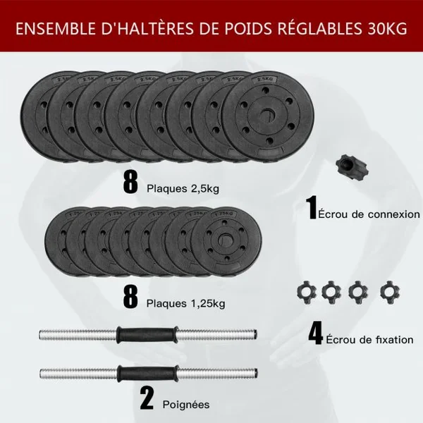 Haltères pour Musculation 2 en 1 Disques Poids Ajustable 30KG Poignée Confortable, pour Fitness Musculation Entraînement