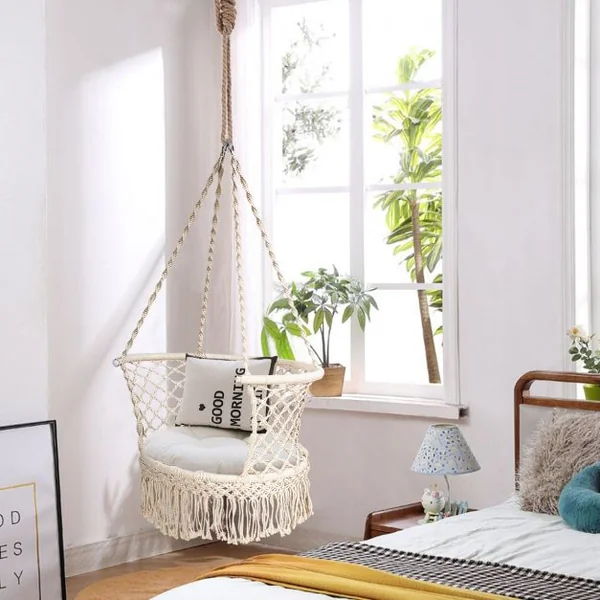 Hamac Chaise Balançoire Macramé Siège Suspendu en Corde de Coton avec Franges Romantiques Capacité de 160kg
