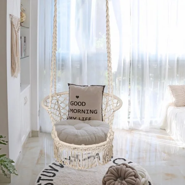 Hamac Chaise Balançoire Macramé Siège Suspendu en Corde de Coton avec Franges Romantiques Capacité de 160kg