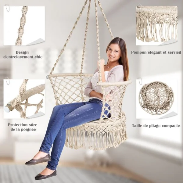 Hamac Chaise Balançoire Macramé Siège Suspendu en Corde de Coton avec Franges Romantiques Capacité de 160kg
