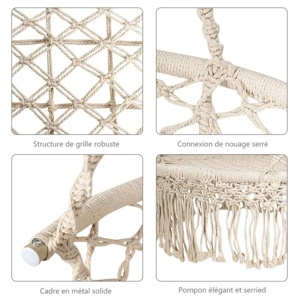 Hamac Chaise Balançoire Macramé Siège Suspendu en Corde de Coton avec Franges Romantiques Capacité de 160kg