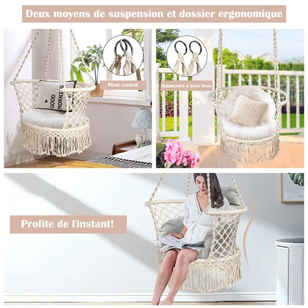 Hamac Chaise Balançoire Macramé Siège Suspendu en Corde de Coton avec Franges Romantiques Capacité de 160kg