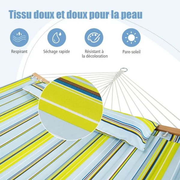 Hamac Portable Pliante 191x137 cm Barres de Bois et Oreiller Amovible pour Jardin Terrasse Piscine Charge 120 kg Jaune