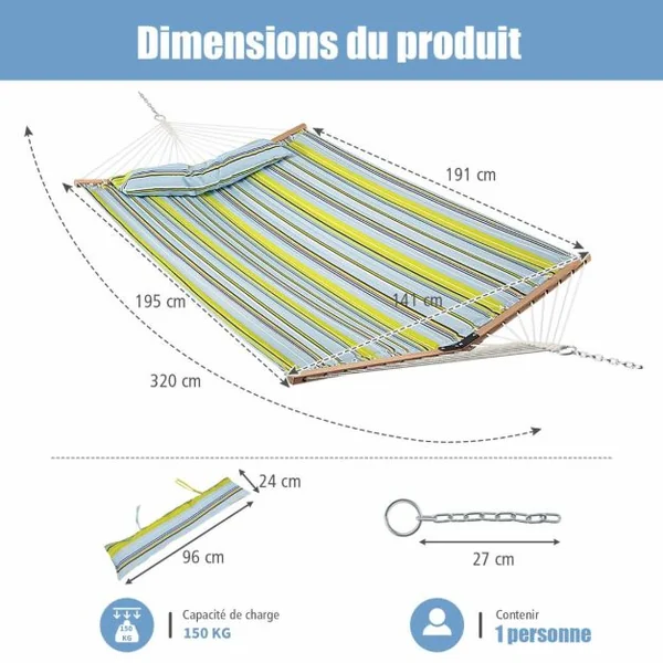 Hamac Portable Pliante 191x137 cm Barres de Bois et Oreiller Amovible pour Jardin Terrasse Piscine Charge 120 kg Jaune