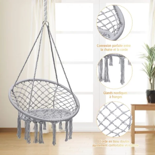 Hamac Suspendue Fauteuil Relax Chaise de Jardin1 Place Capacité 150KG en Coton Gris