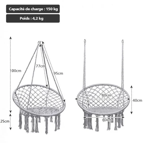 Hamac Suspendue Fauteuil Relax Chaise de Jardin1 Place Capacité 150KG en Coton Gris