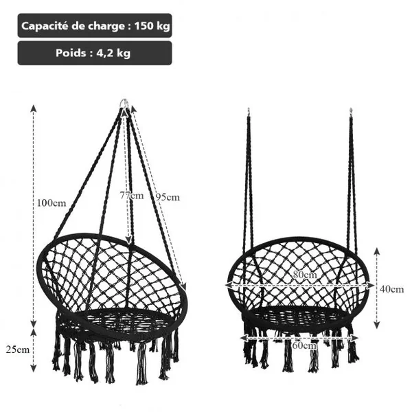 Hamac Suspendue Fauteuil Relax Chaise de Jardin1 Place Capacité 150KG en Coton Noir