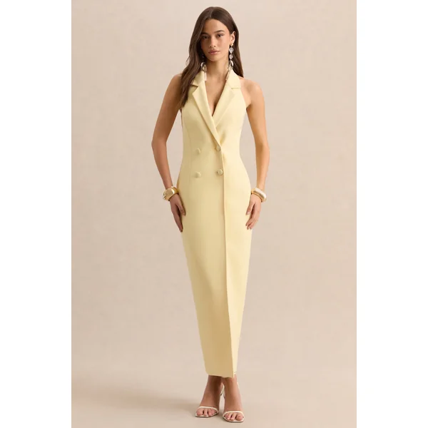 Hana | Robe longue citron ajustée à décolleté plongeant