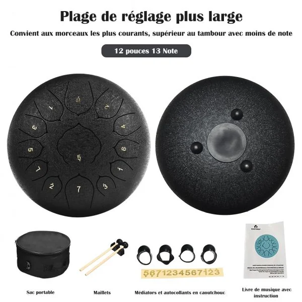 Handpan Tambour de Langue à 13 Tons en Acier de 12 Pouce avec Baguettes Sac 4 Plectres