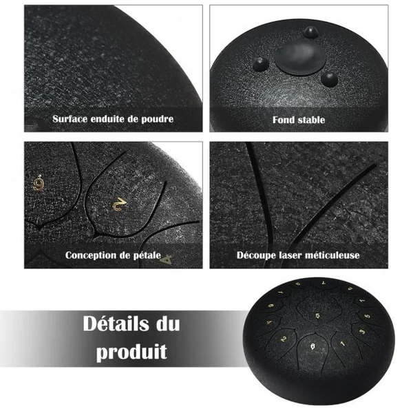 Handpan Tambour de Langue à 13 Tons en Acier de 12 Pouce avec Baguettes Sac 4 Plectres