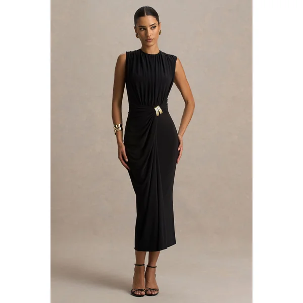 Harlow | Robe mi-longue noire à col montant et jupe portefeuille
