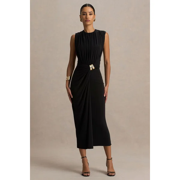 Harlow | Robe mi-longue noire à col montant et jupe portefeuille