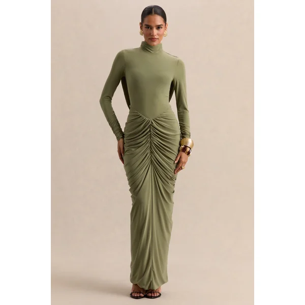 Harmona | Robe longue olive à encolure haute avec détails froncés et drapés