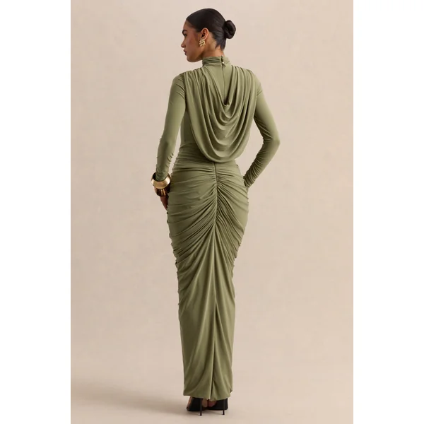 Harmona | Robe longue olive à encolure haute avec détails froncés et drapés