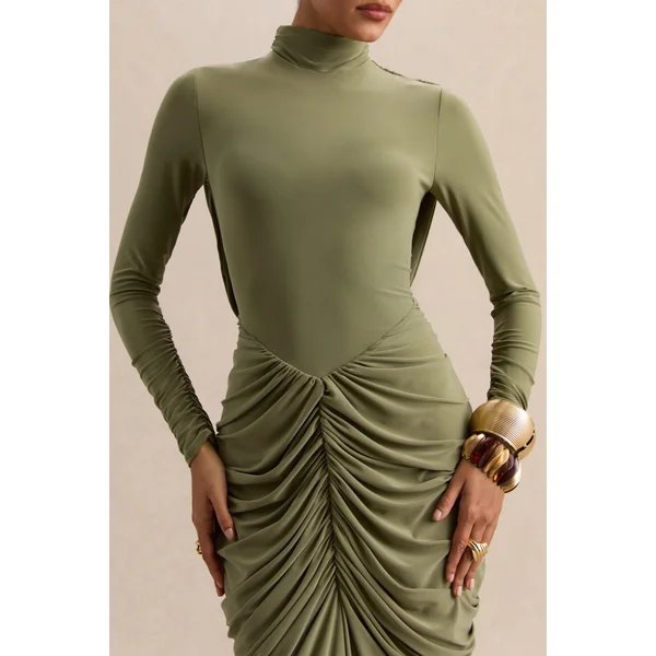 Harmona | Robe longue olive à encolure haute avec détails froncés et drapés