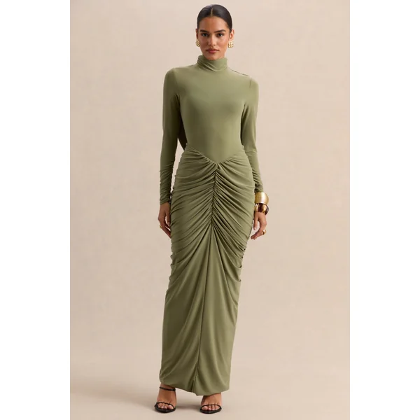 Harmona | Robe longue olive à encolure haute avec détails froncés et drapés
