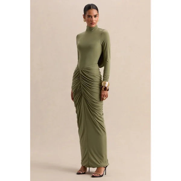 Harmona | Robe longue olive à encolure haute avec détails froncés et drapés