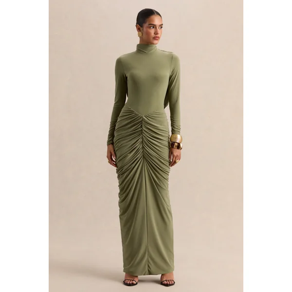 Harmona | Robe longue olive à encolure haute avec détails froncés et drapés