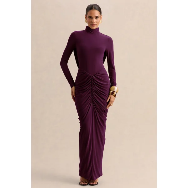 Harmona | Robe longue prune foncé à encolure haute avec détails froncés et drapés