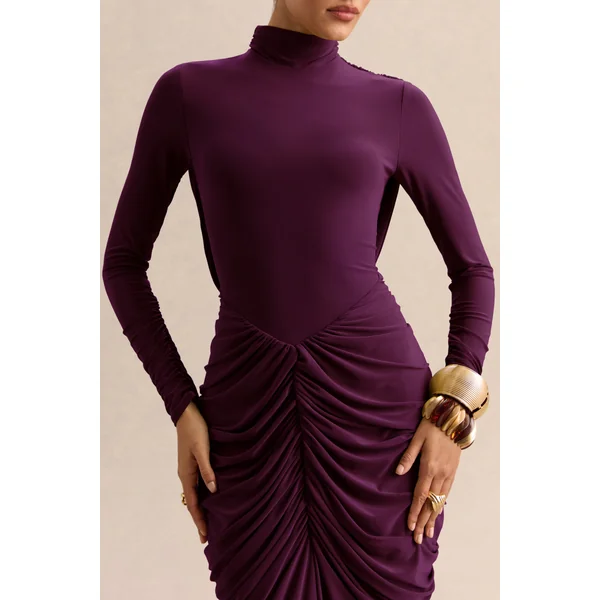 Harmona | Robe longue prune foncé à encolure haute avec détails froncés et drapés