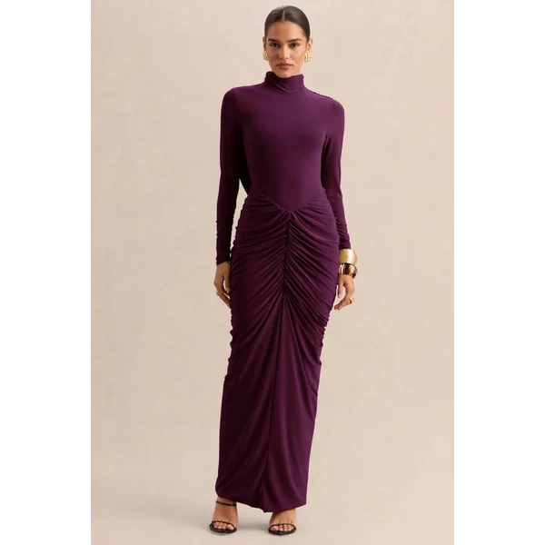 Harmona | Robe longue prune foncé à encolure haute avec détails froncés et drapés