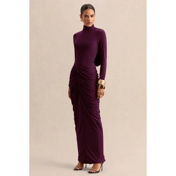 Harmona | Robe longue prune foncé à encolure haute avec détails froncés et drapés