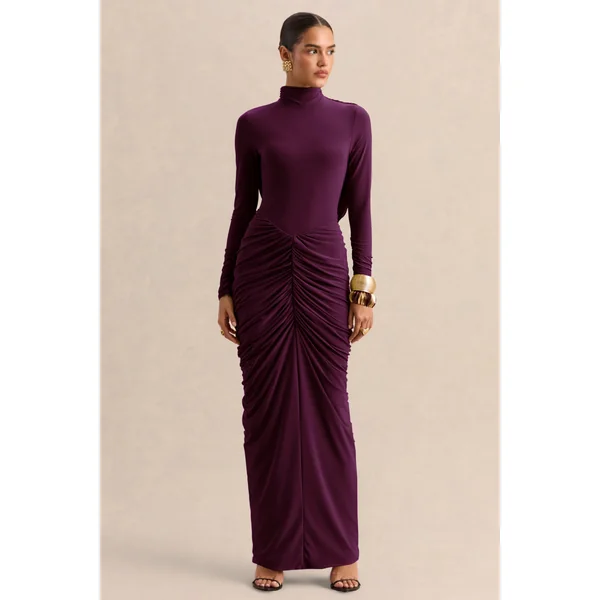Harmona | Robe longue prune foncé à encolure haute avec détails froncés et drapés