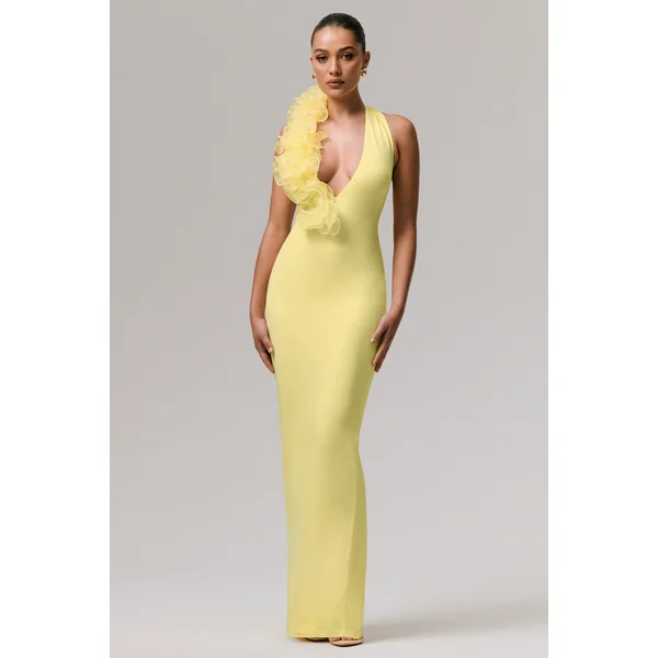 Harriet | Robe Longue Citron à Décolleté Plongeant avec Détail Floral