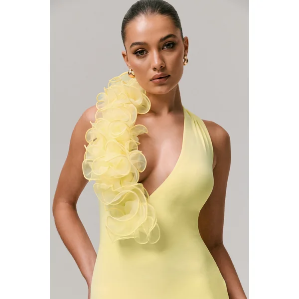 Harriet | Robe Longue Citron à Décolleté Plongeant avec Détail Floral