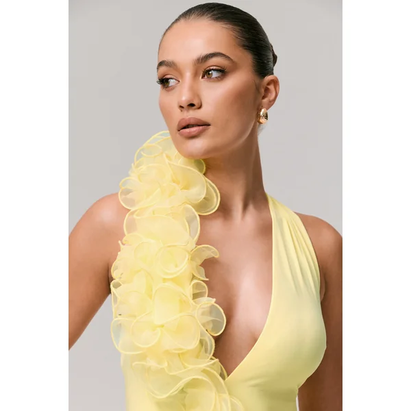 Harriet | Robe Longue Citron à Décolleté Plongeant avec Détail Floral