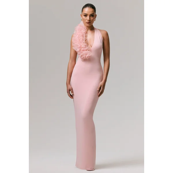 Harriet | Robe Longue Rose à Décolleté Plongeant avec Détail Floral