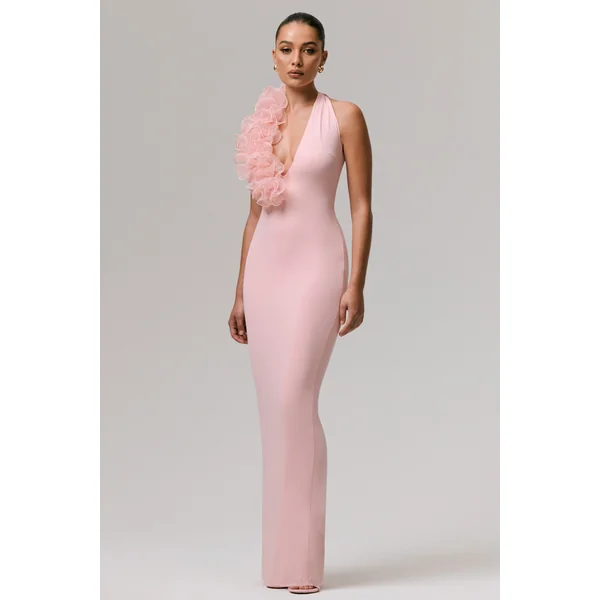 Harriet | Robe Longue Rose à Décolleté Plongeant avec Détail Floral