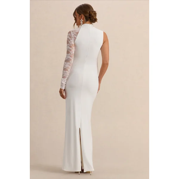 Hartley | Robe Longue de Maternité Blanche à Col Montant et Détails en Dentelle