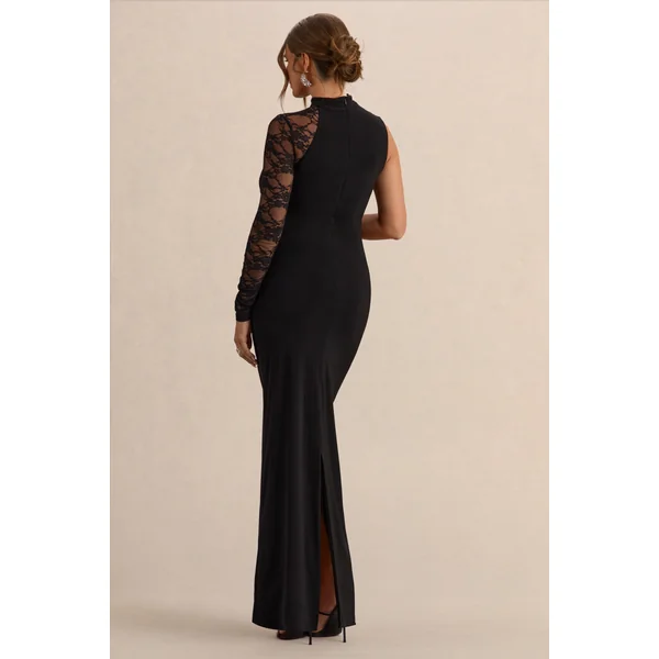 Hartley | Robe Longue de Maternité Noire à Col Montant et Détails en Dentelle