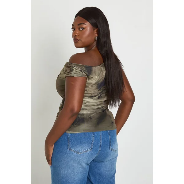 Haut Asymétrique Froncé Imprimé Grande Taille