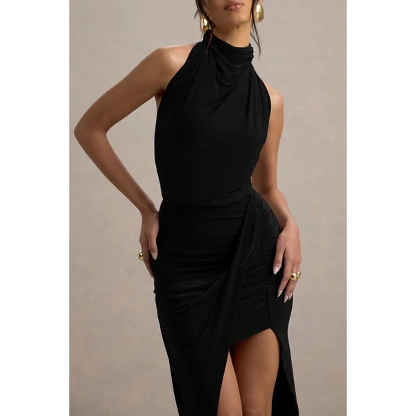 Hayden | Robe longue noire à col montant drapé avec fente
