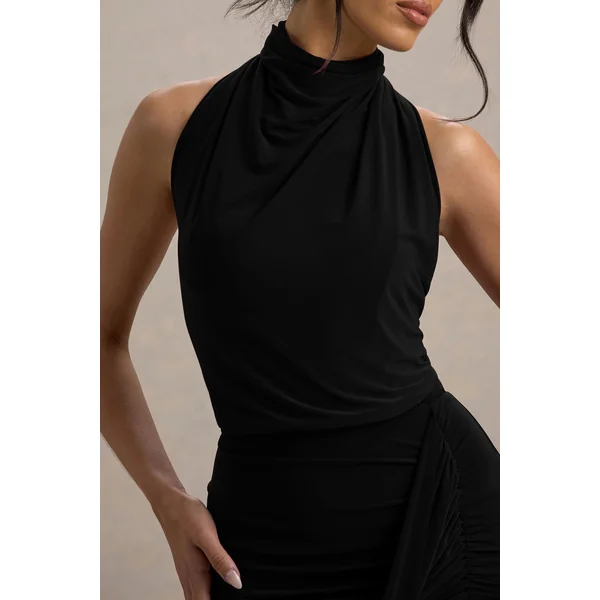 Hayden | Robe longue noire à col montant drapé avec fente
