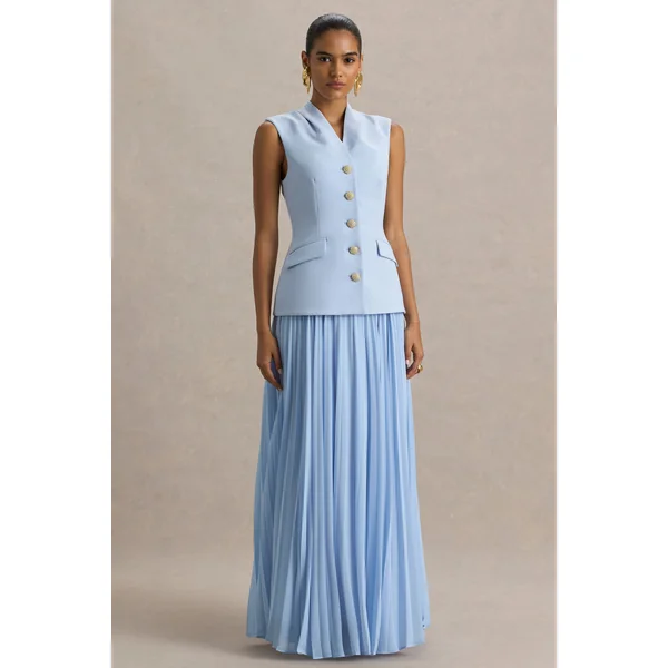 Heavenly | Robe longue bleu poudre à col montant et détails plissés
