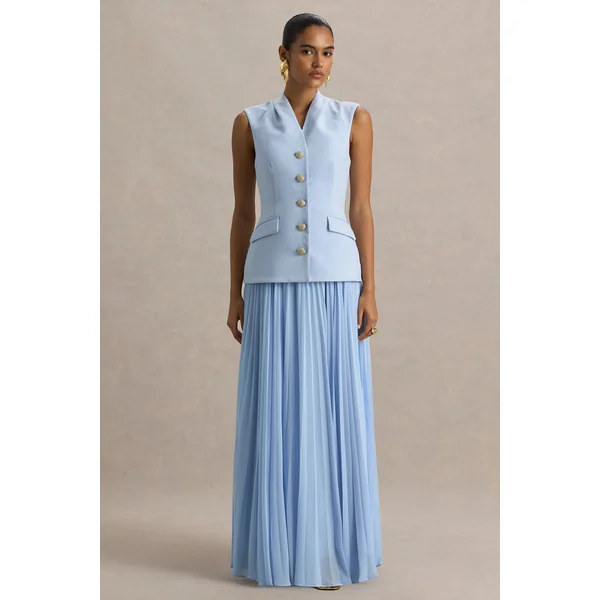 Heavenly | Robe longue bleu poudre à col montant et détails plissés