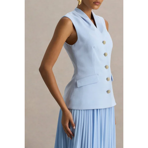 Heavenly | Robe longue bleu poudre à col montant et détails plissés