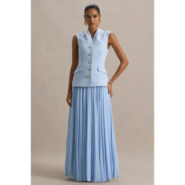 Heavenly | Robe longue bleu poudre à col montant et détails plissés