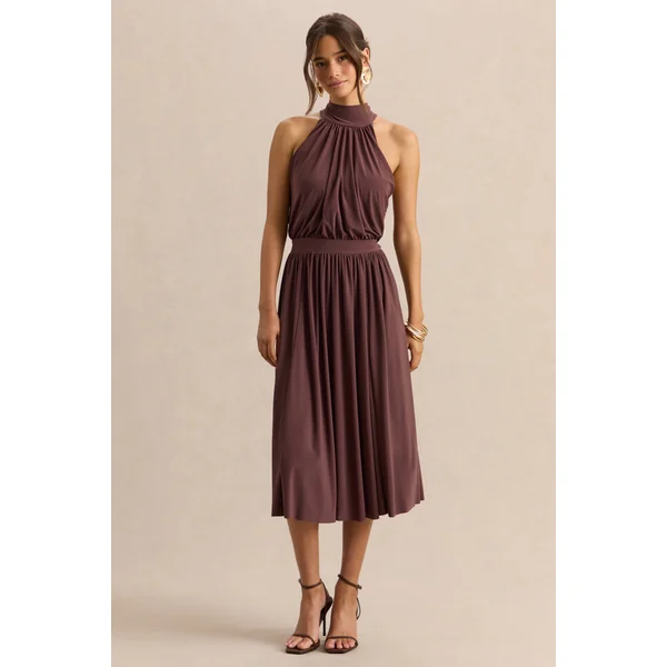 Hedira | Robe mi-longue marron à encolure haute