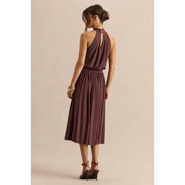 Hedira | Robe mi-longue marron à encolure haute