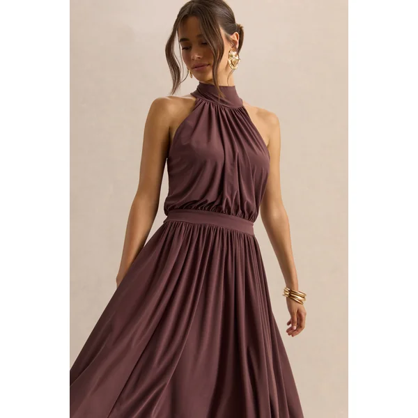 Hedira | Robe mi-longue marron à encolure haute
