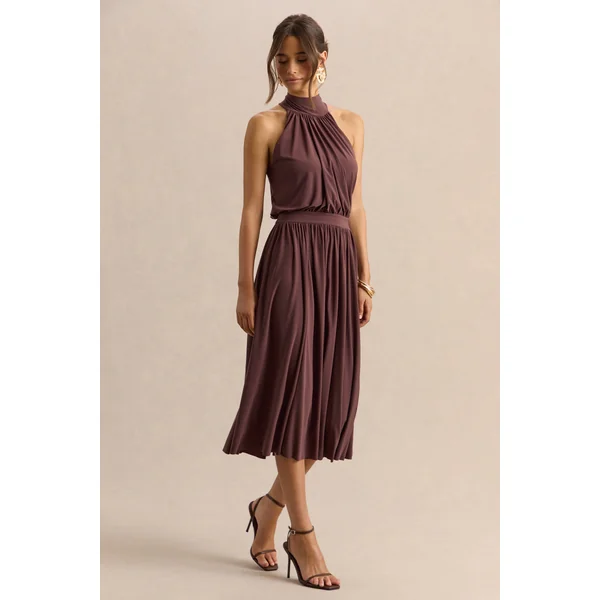 Hedira | Robe mi-longue marron à encolure haute