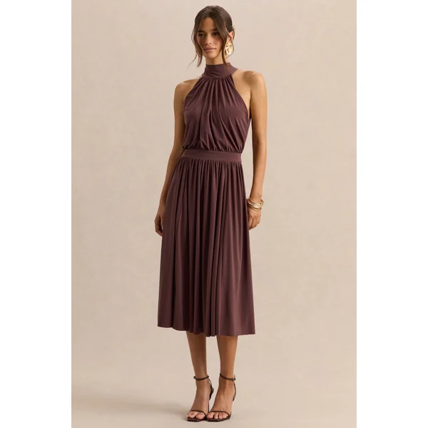 Hedira | Robe mi-longue marron à encolure haute