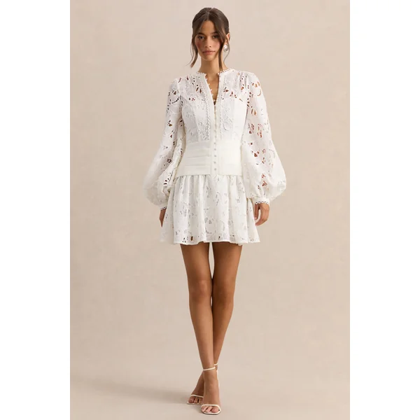 Helena | Mini-robe blanche à encolure ronde avec manches bouffantes et jupe plissée