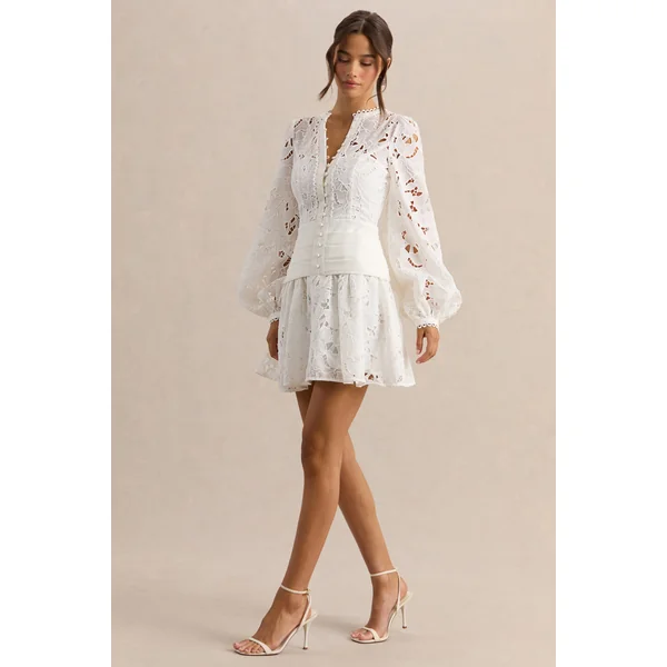 Helena | Mini-robe blanche à encolure ronde avec manches bouffantes et jupe plissée